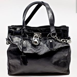 MICHAEL KORS HAMILTON LARGE BLACK PATENT LEATHER LOCK & KEY SATCHEL TOTE…